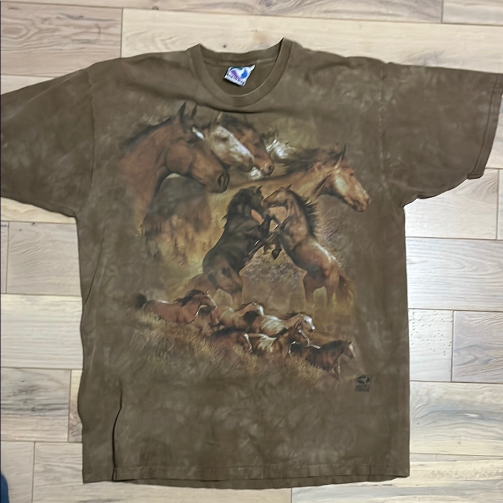 Vintage Liquid Blue Brown Horse Scene T-Shirt